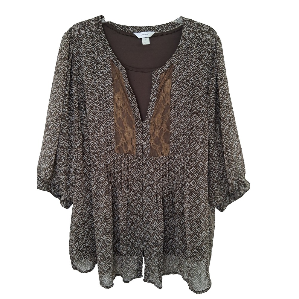 CJ Banks 3X Layered Tank Blouse Set Lace Trim Pleats Puff Sleeve Pullover‎